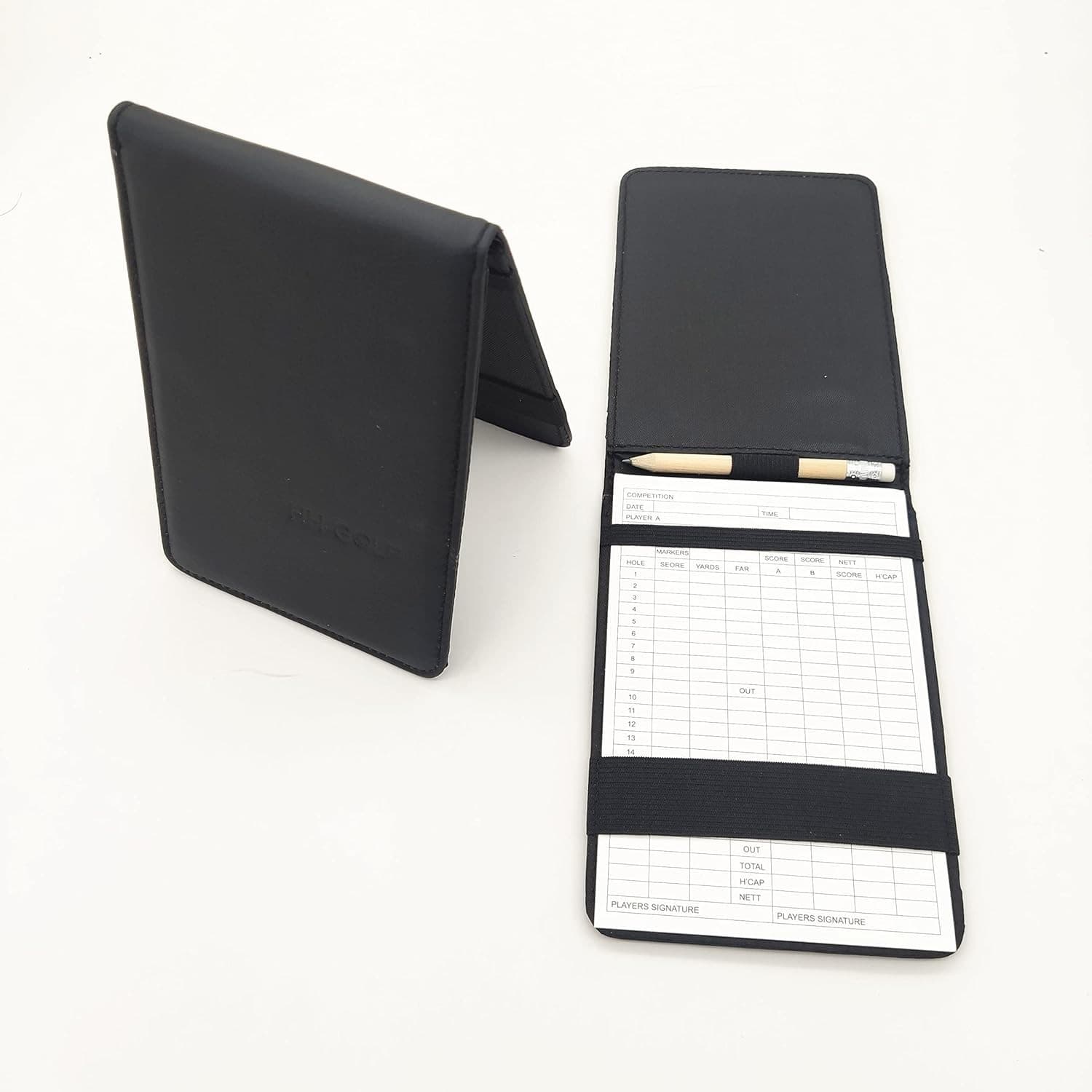 HH-GOLF Golf Scorecard Holder| Black Synthetic Leather Golf card and pencil hol