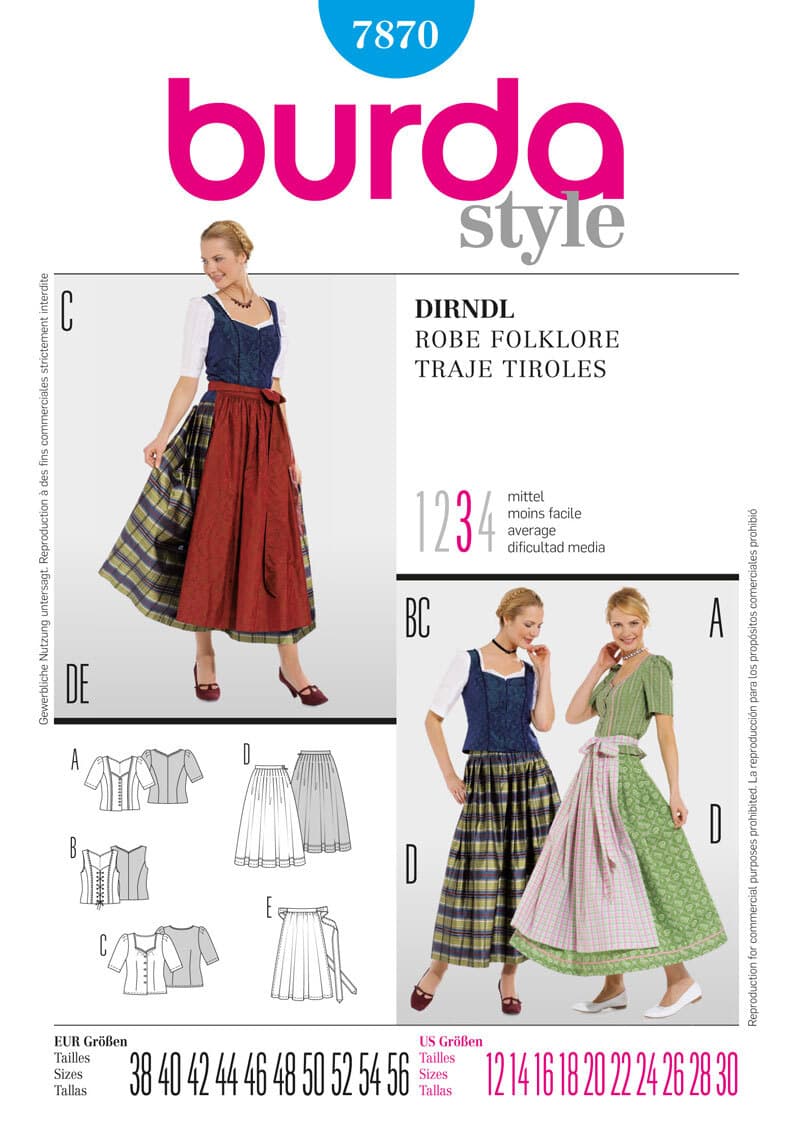 BURDA 7870 FOLKLORE DRESSES Ladies Plus Sewing Pattern Sizes 12-30 DIRNDL Style
