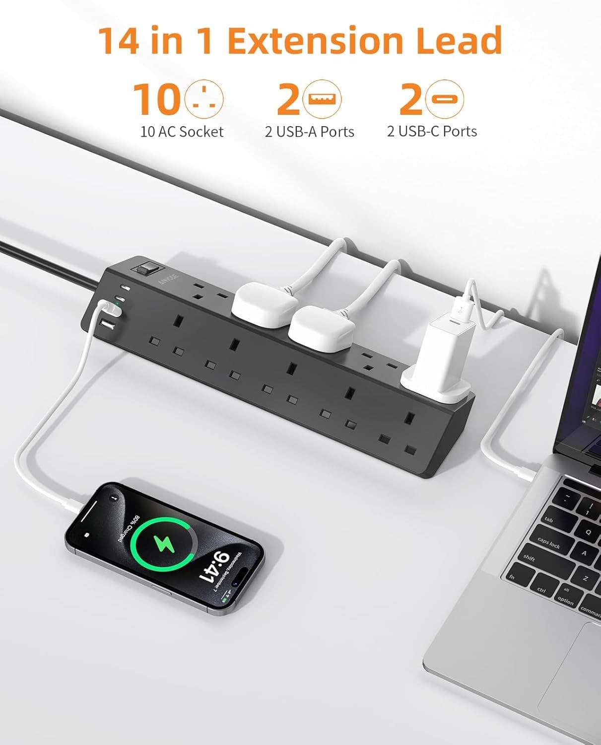 10 Way Extension Lead with USB Slots(2 USB C)| ANVODE 14-IN-1 Plug Extension So view 2