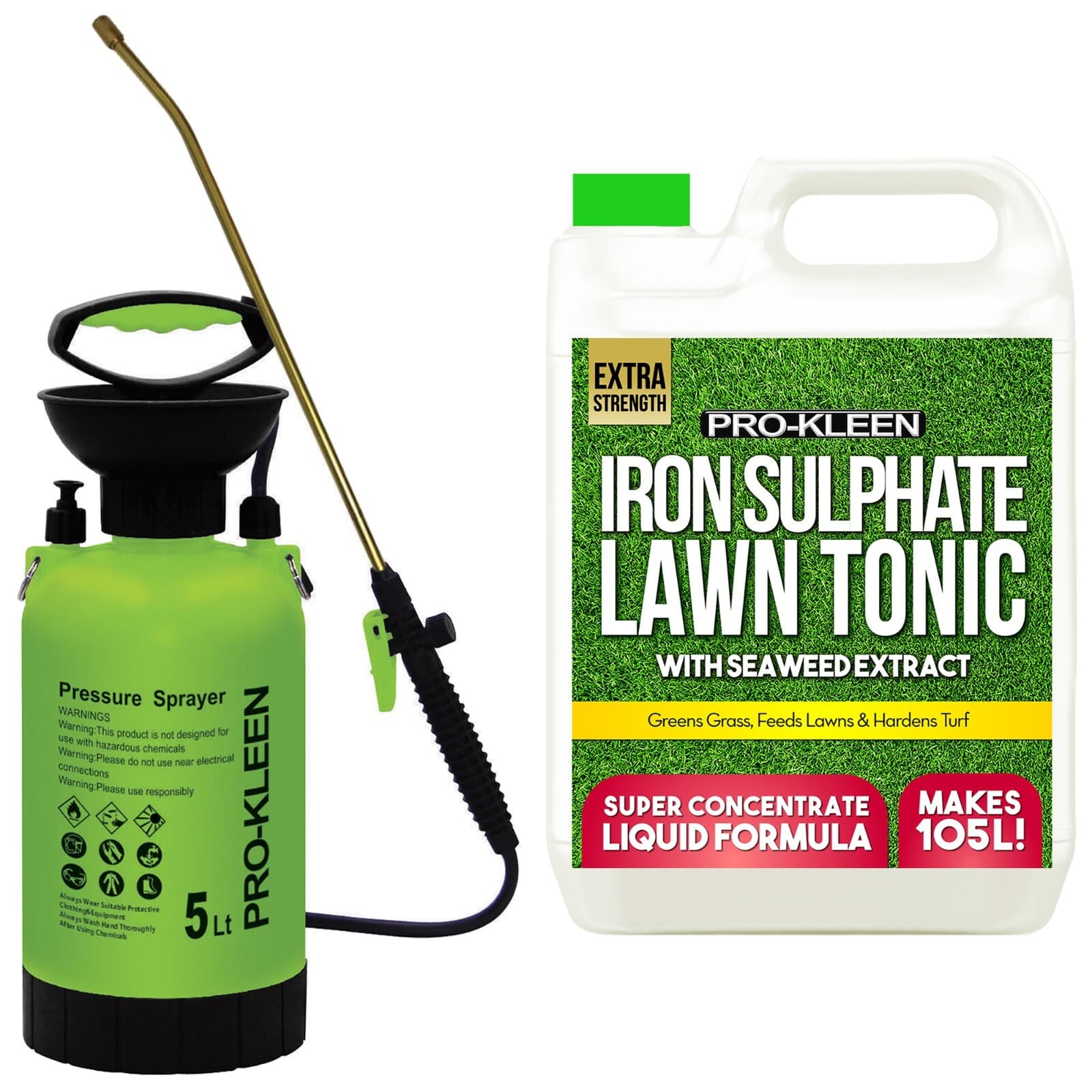 ProKleen Iron Sulphate Liquid Ferrous Grass Greener Lawn Feed and 5L Pump Sprayer