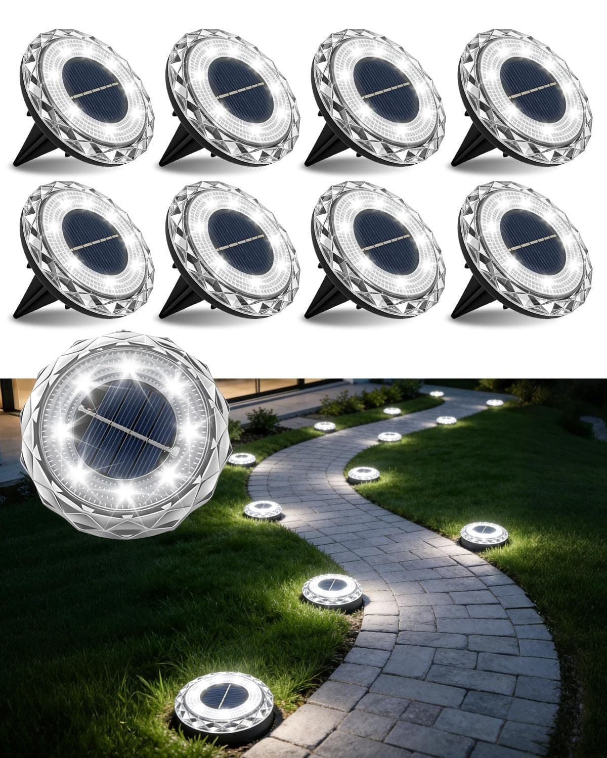 8 Pack Solar Ground Lights Outdoor 8 LED Solar Disk Lights with 600mAh Battery
