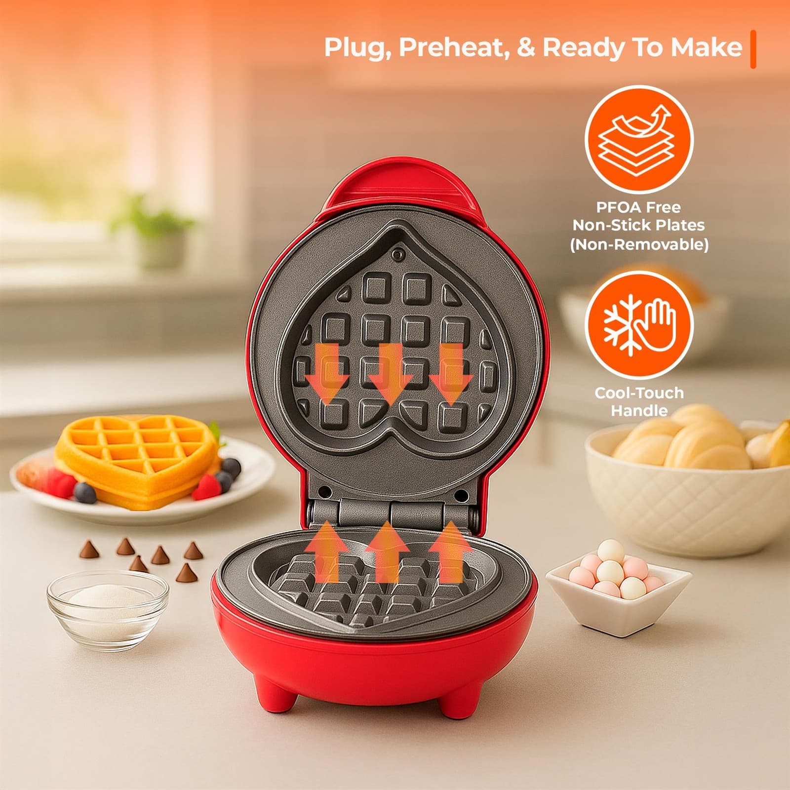 Heart Shaped Waffle Maker - Red - Non Stick Quick Heat Mini Waffle Maker view 2