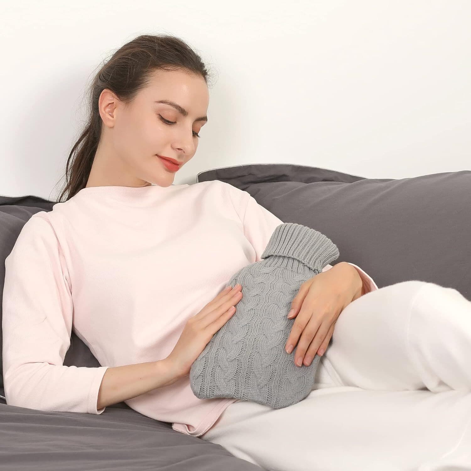 Hot Water Bottle 2L with Knitted Cover | Pain Relief and Warmth | Grey | UK Seller