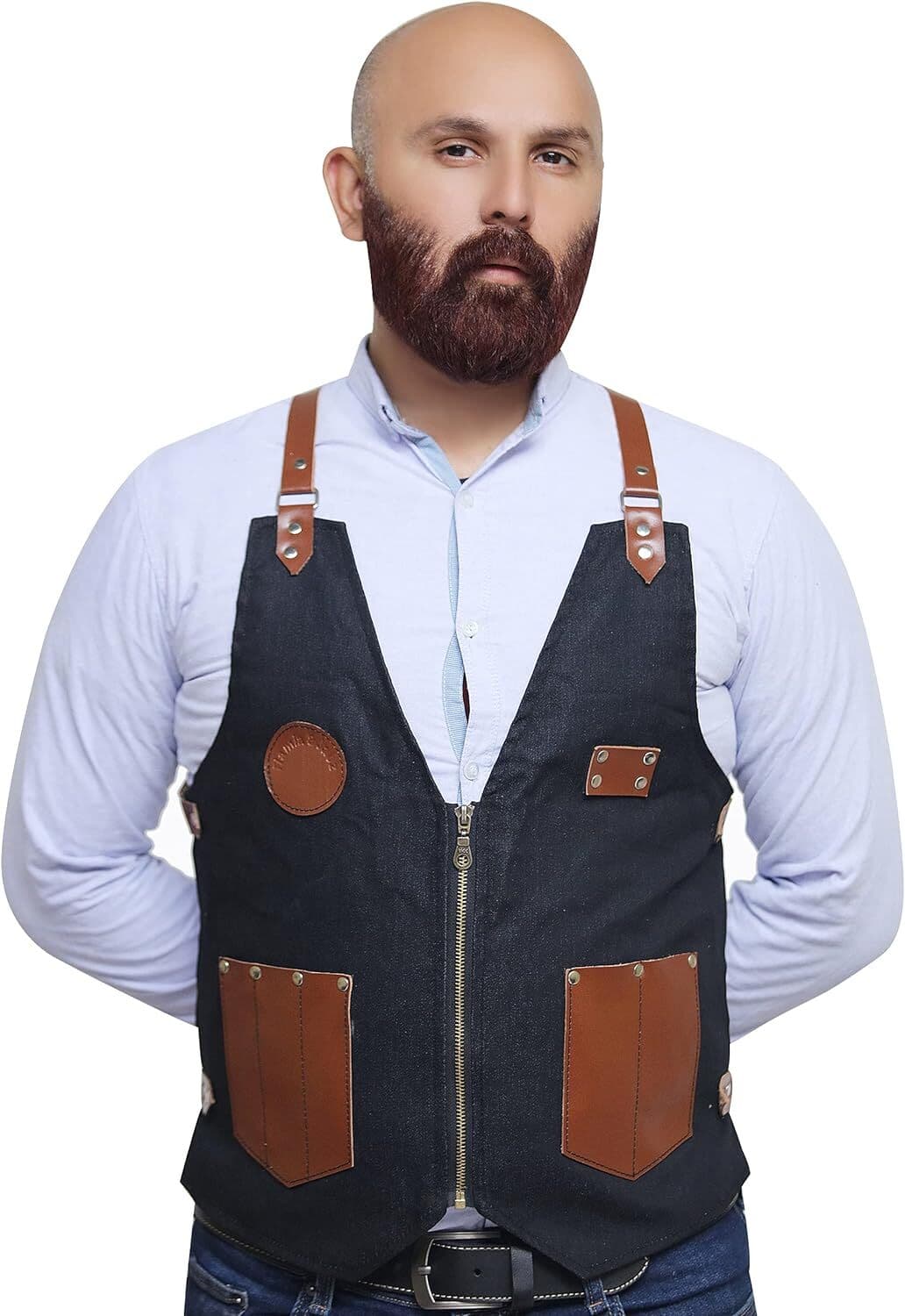 Denim and Leather Barber Vest Apron Waistcoat - Adjustable Stylish Cowhide Straps