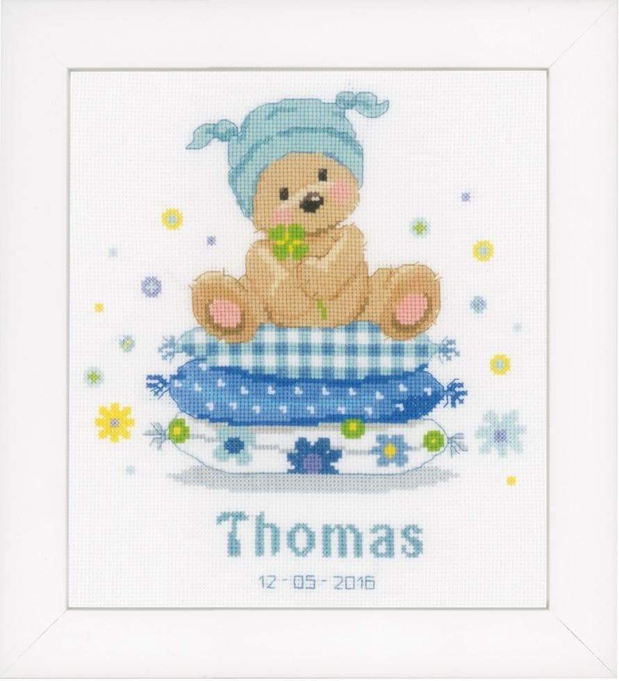 Vervaco Counted Cross Stitch Kit Birth Record Bear on Pillow