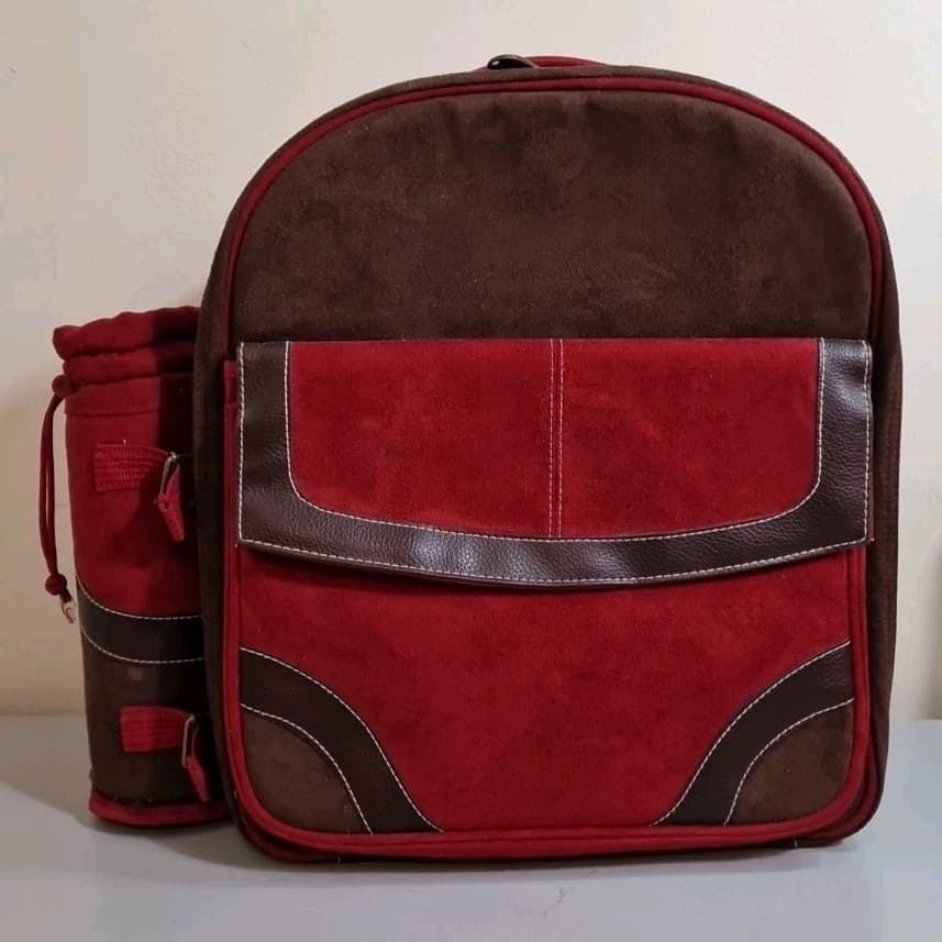 Picnic At Ascot Red And Brown Suede Picnic Backpack With Half Accessories BNWT