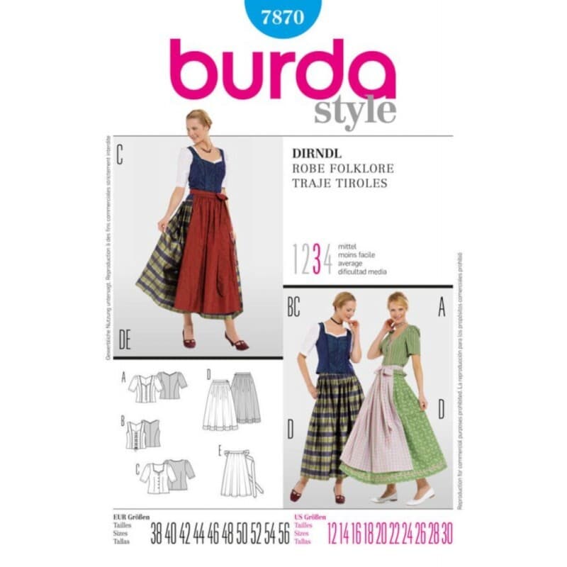 Burda Style Sewing Pattern 7870 Women's Traditional Dirndl Skirt| Apron and Blouse