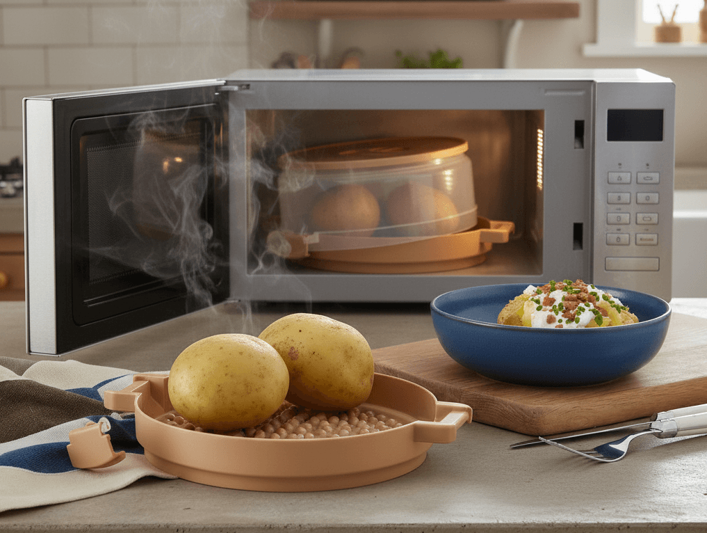 Microwave Jacket Potato Cooker Brown 10x25.5x19cm Dimpled Base Vent Quick Meals