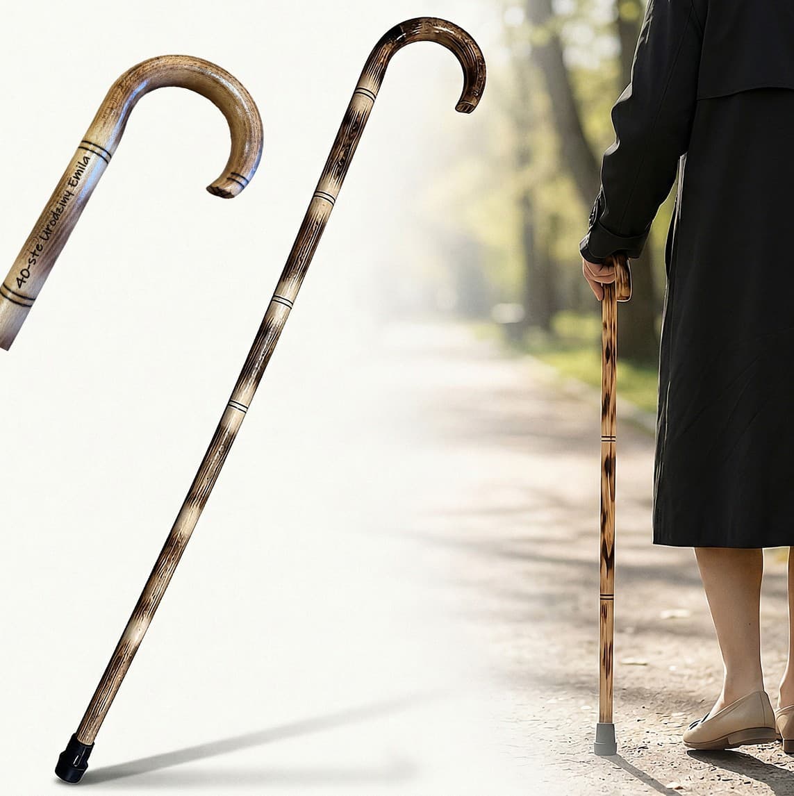 WOODEN WALKING STICK with Shepard-type handle| non-slip| ENGRAVED