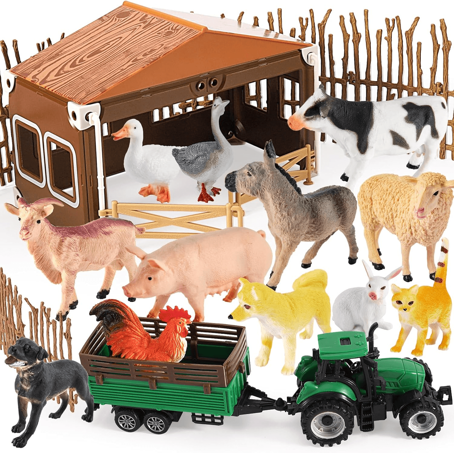 Farm Animals Figures Set| Different Size with Tractor Trailer Vehicle Toy| Assem
