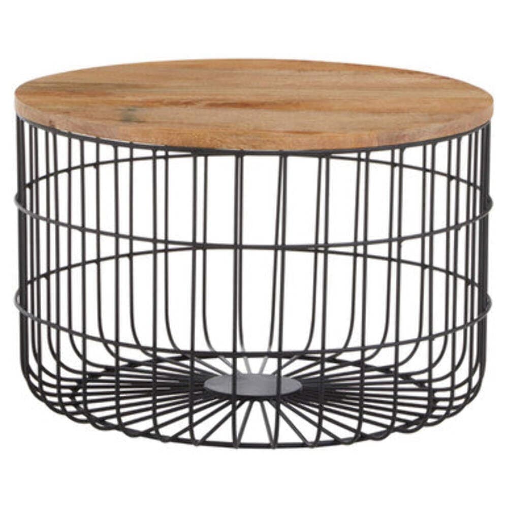 Natural Wood Top Side Table with Black Metal Cage Base| Pali
