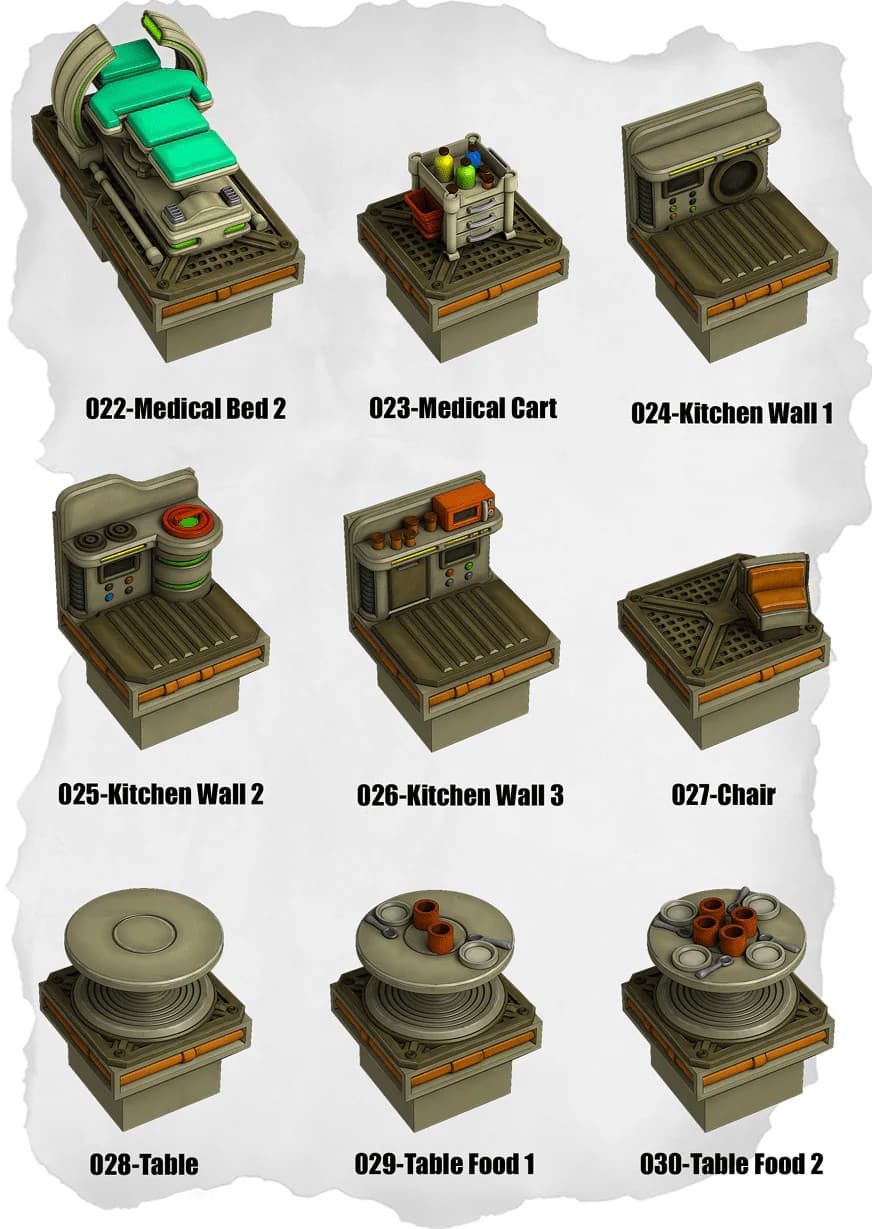 Sci Fi Tiles Kitchen| MedCart and Food Pack (IS 022 to IS 030)