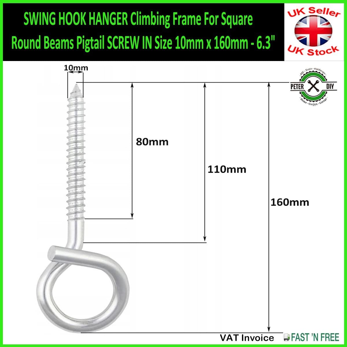 SWING HOOK HANGER Climbing Frame For Square Round Beams Pigtail SCREW IN 3 Sizes
