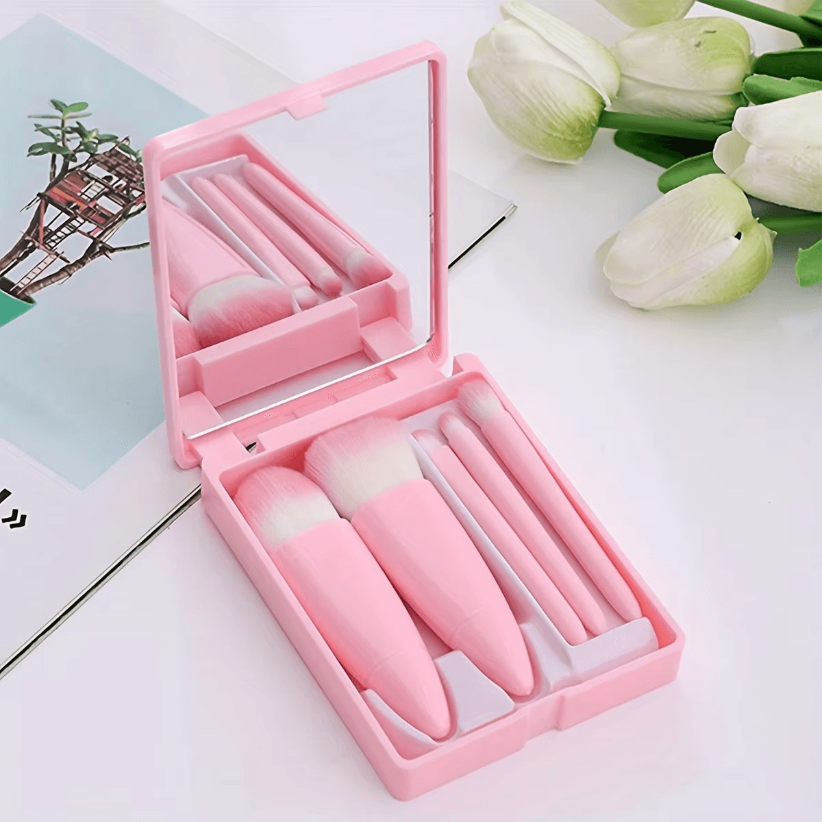 5 Pcs Cosmetic Brush Portable Makeup Brush Travel with Mirror Box Makeup Set Bru