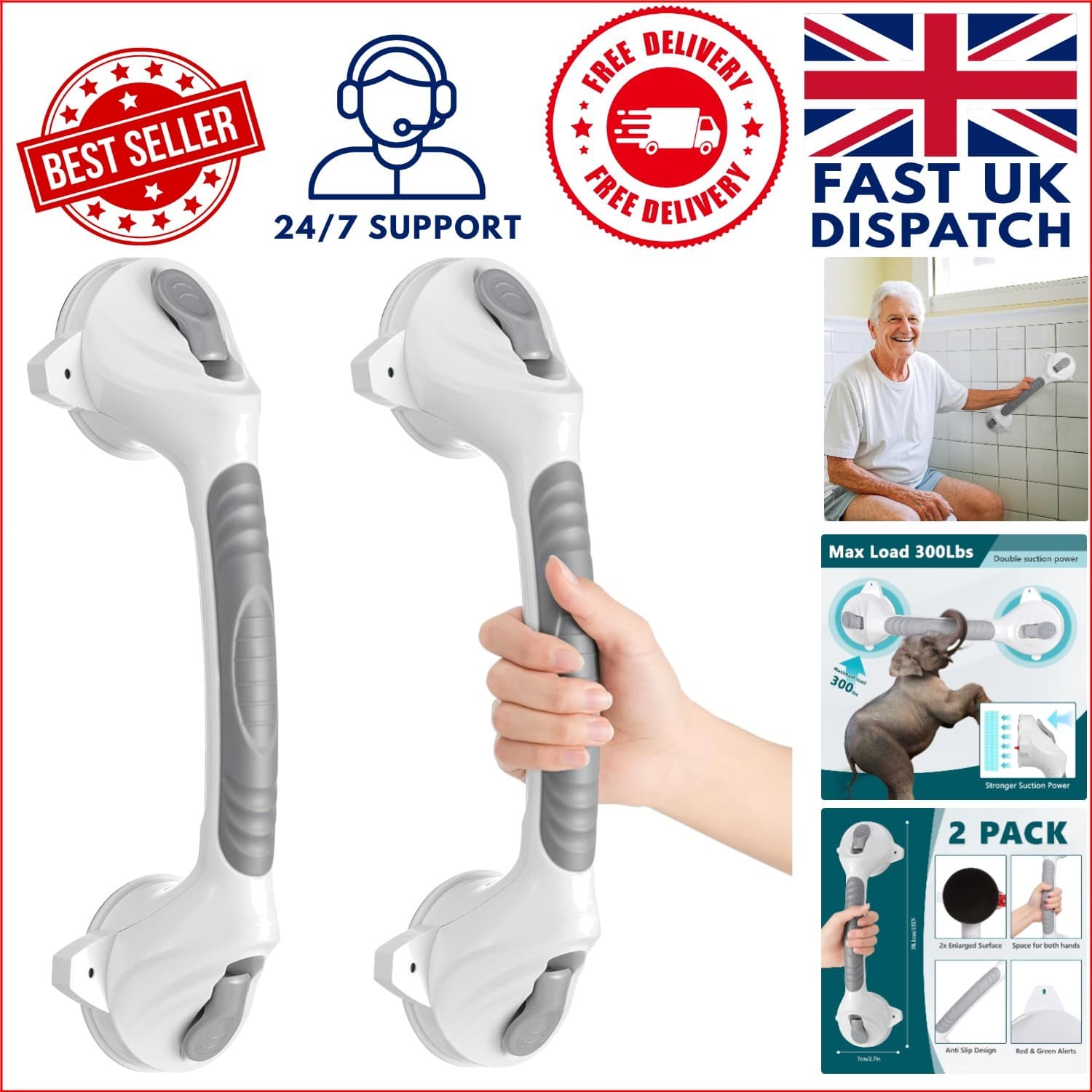 Dual Suction Cup Shower Handles - Easy Install| Safe Support| No Tools Needed