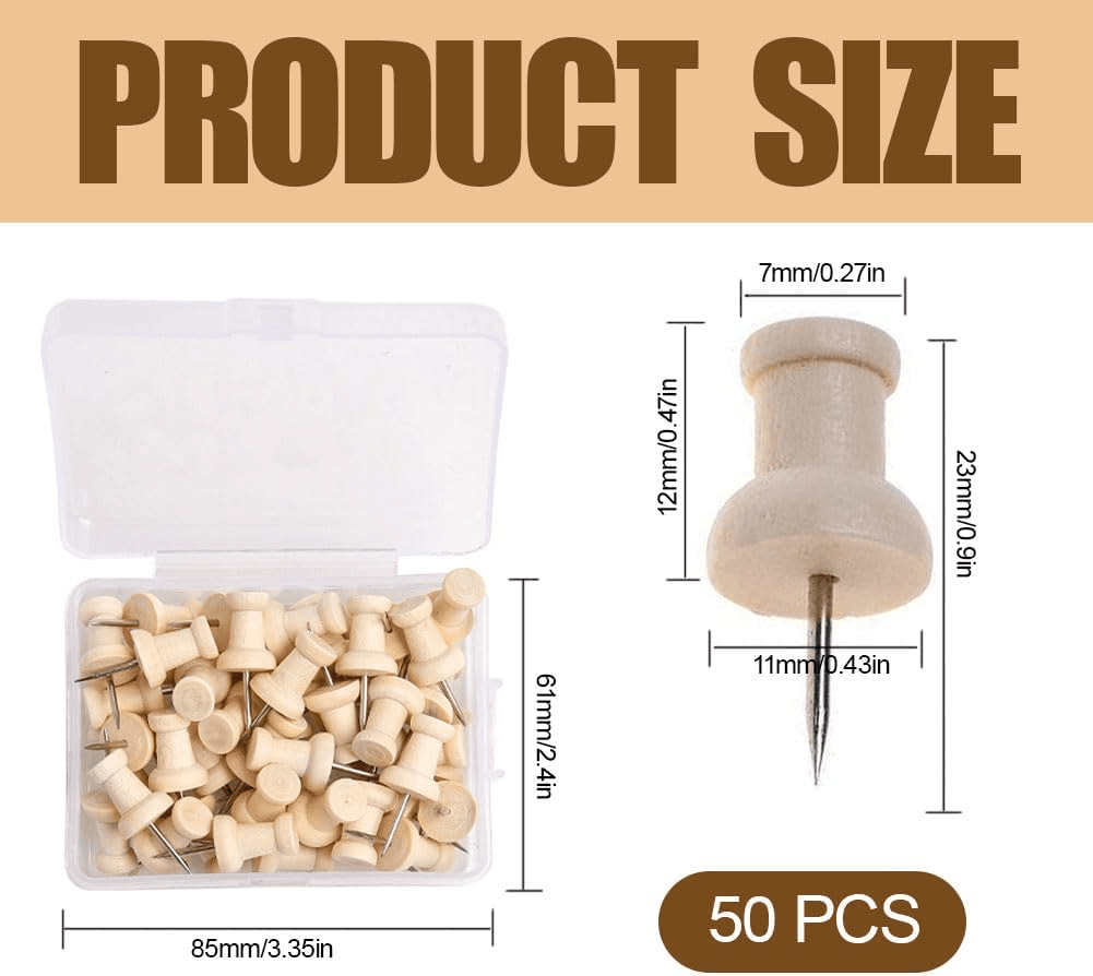 50 Pack Wooden Push Pins – 23Mm| Natural Wood| Solid Wood Head – Rustproof| Dura view 2