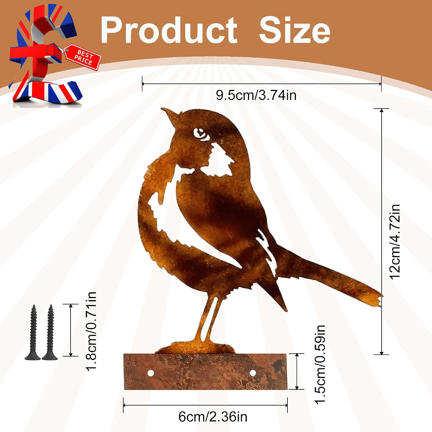 Rusty Metal Sparrow Sculpture Garden Ornament| Lifelike Patina Bird Silhouette f view 2