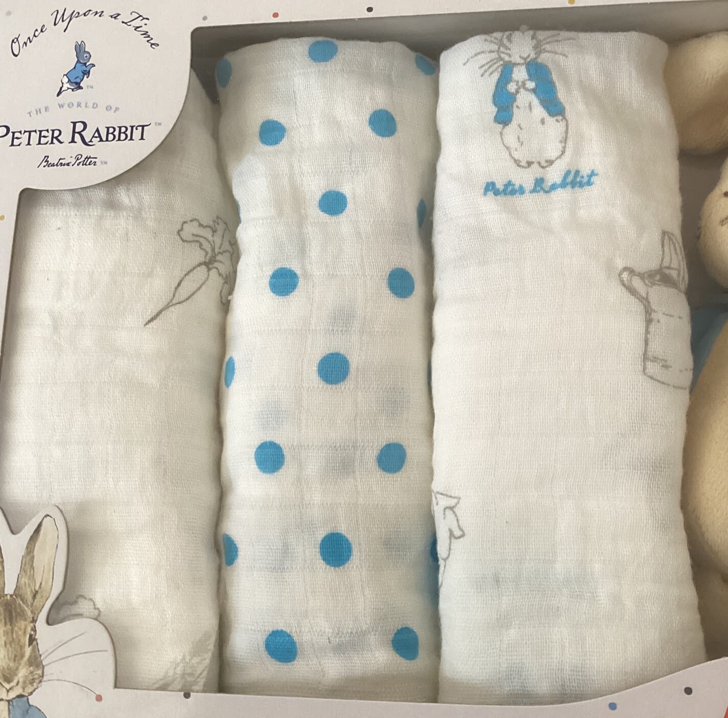 Peter Rabbit Soft Rattle Toy and 3 Cotton Muslins Boxed view 2