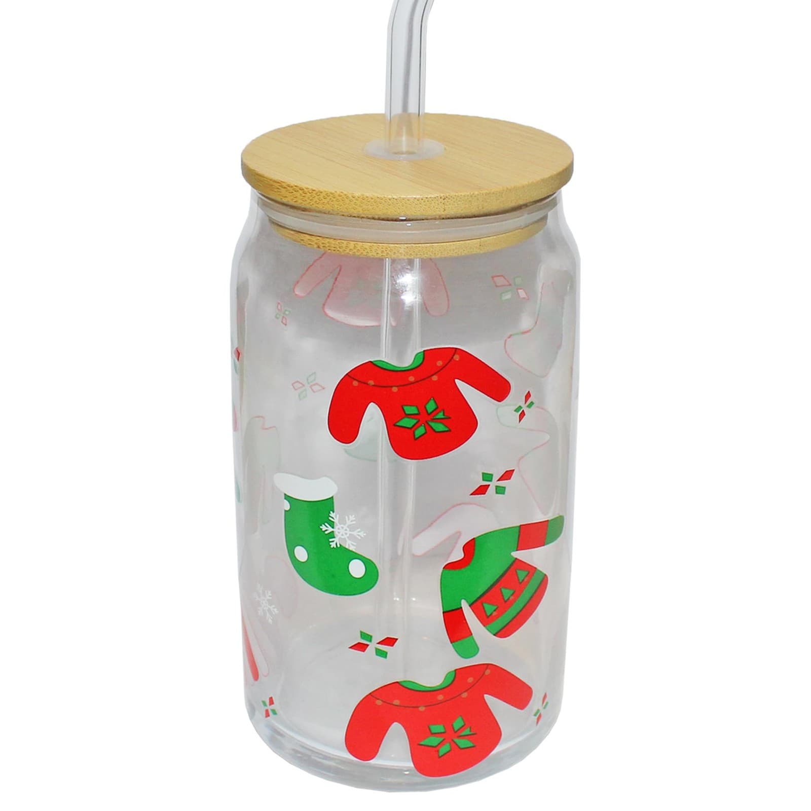 Christmas Drinking Glass with Lid and Straw - Stockings And Jumpers