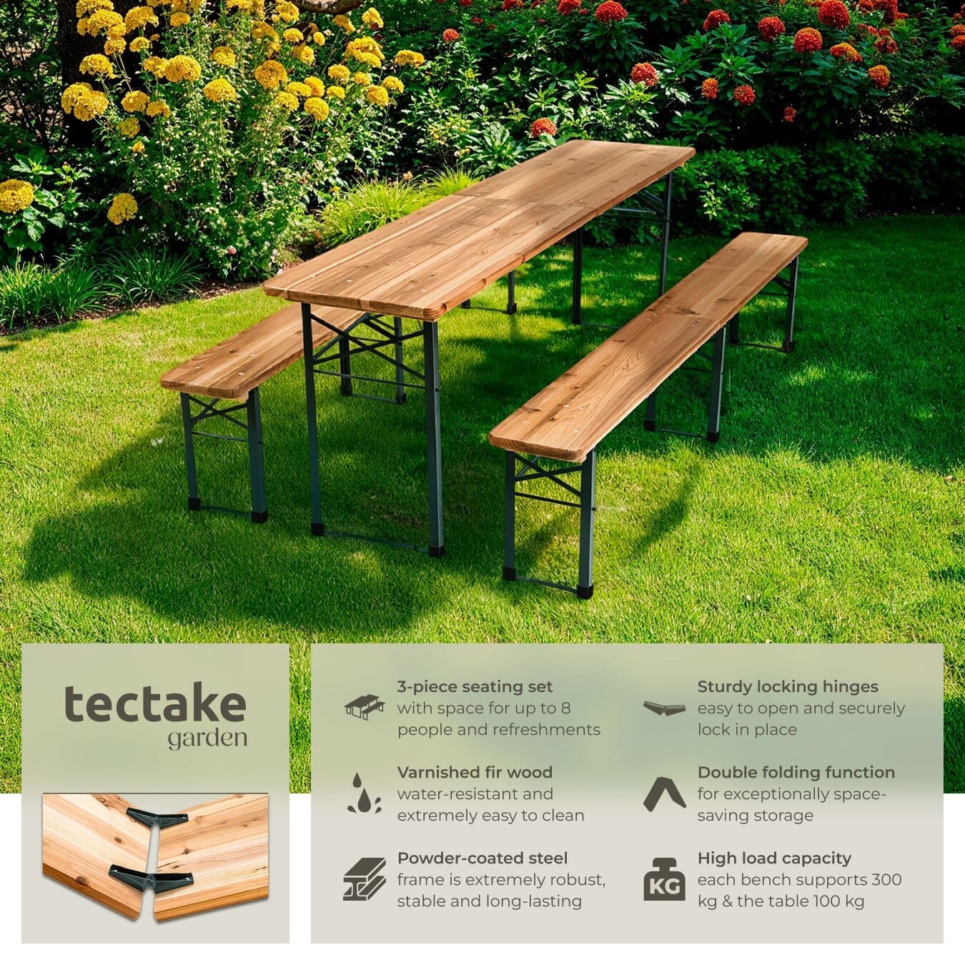 Bench Set Table Folding Durable Fir Wood Outdoor Garden Furniture Camping Area view 2