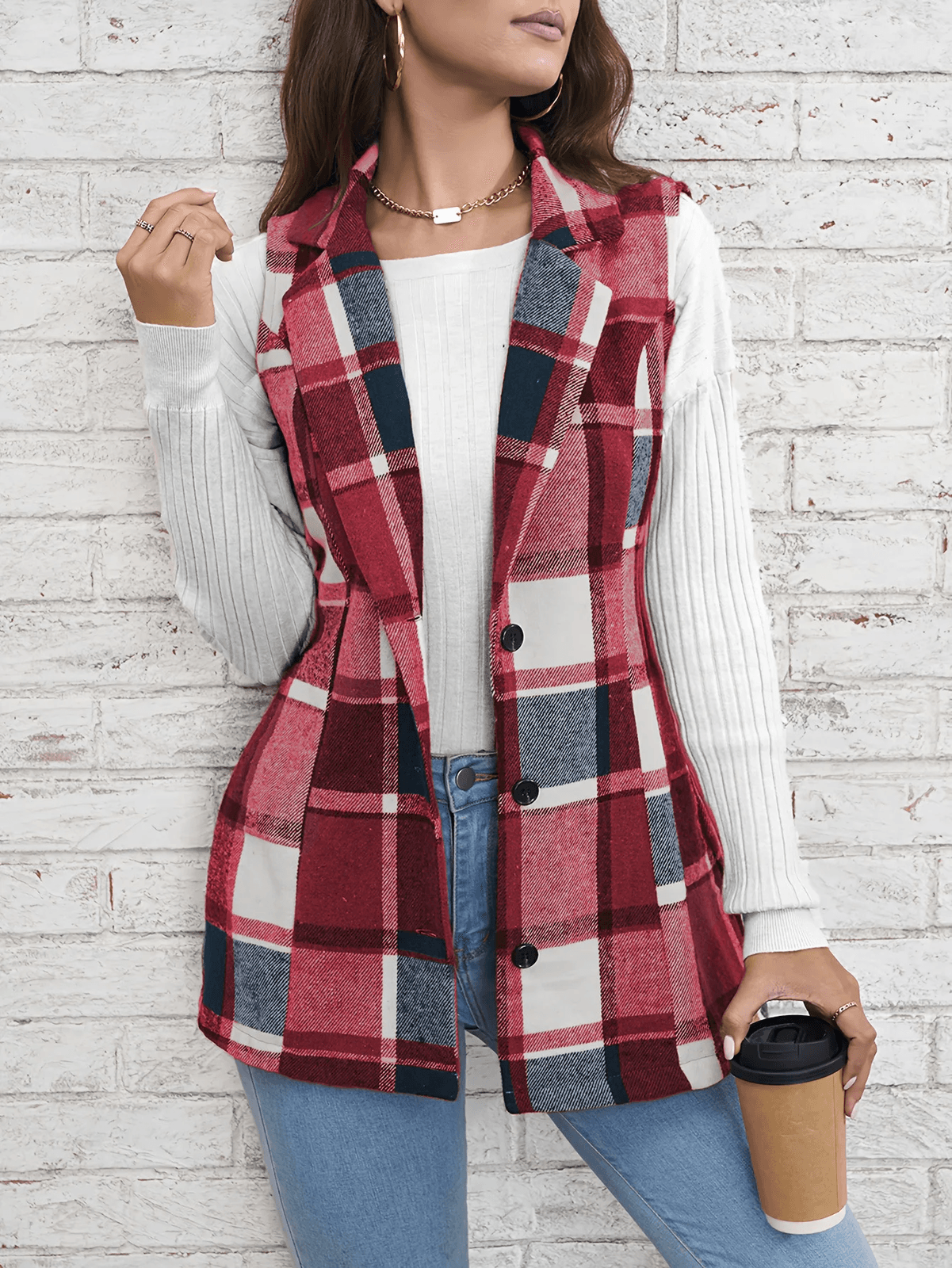 Women's Elegant Commuting Lapel Plaid Vest for Autumn