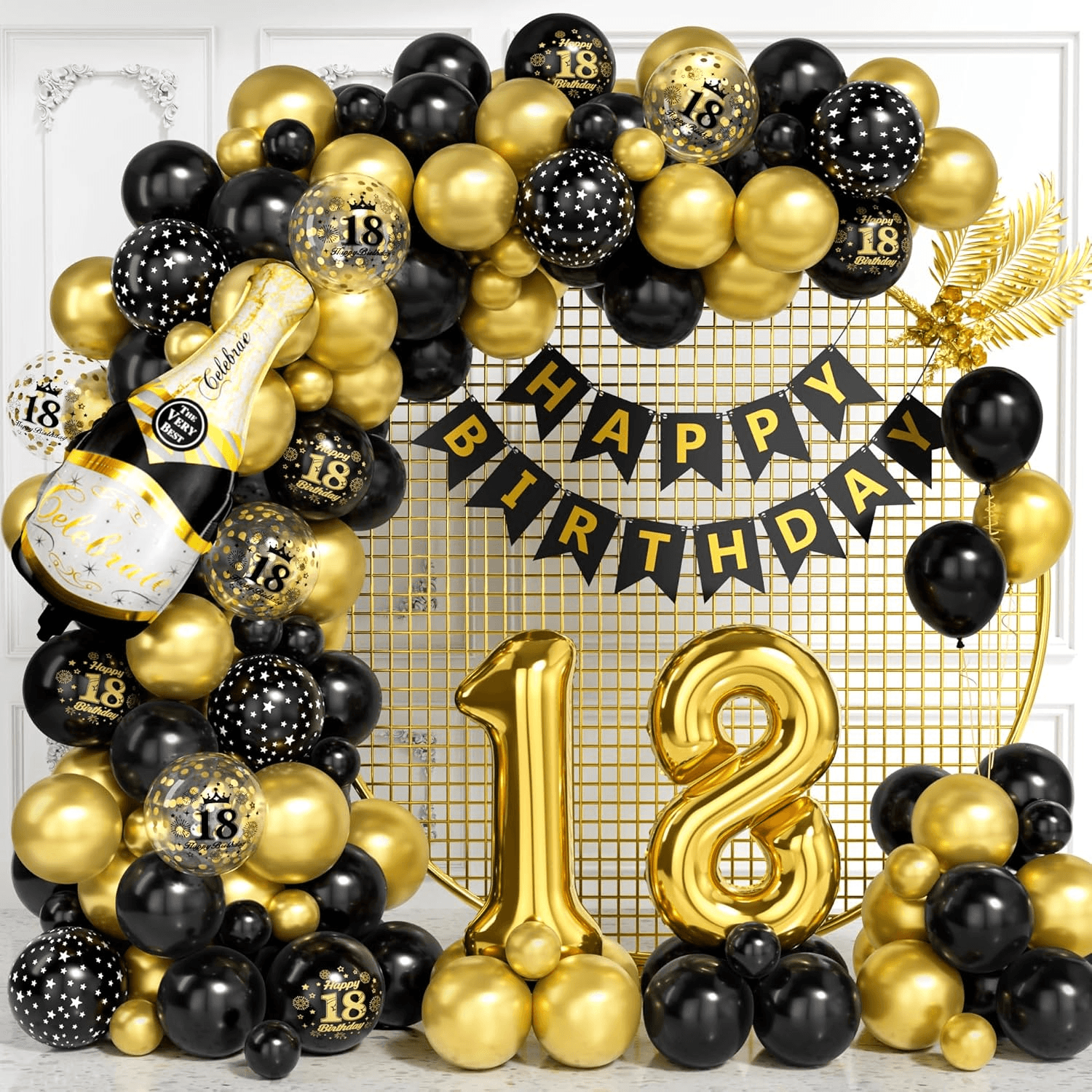 18Th Birthday Decorations| Black Gold Balloon Arch Kit with Number 16 Foil Ballo