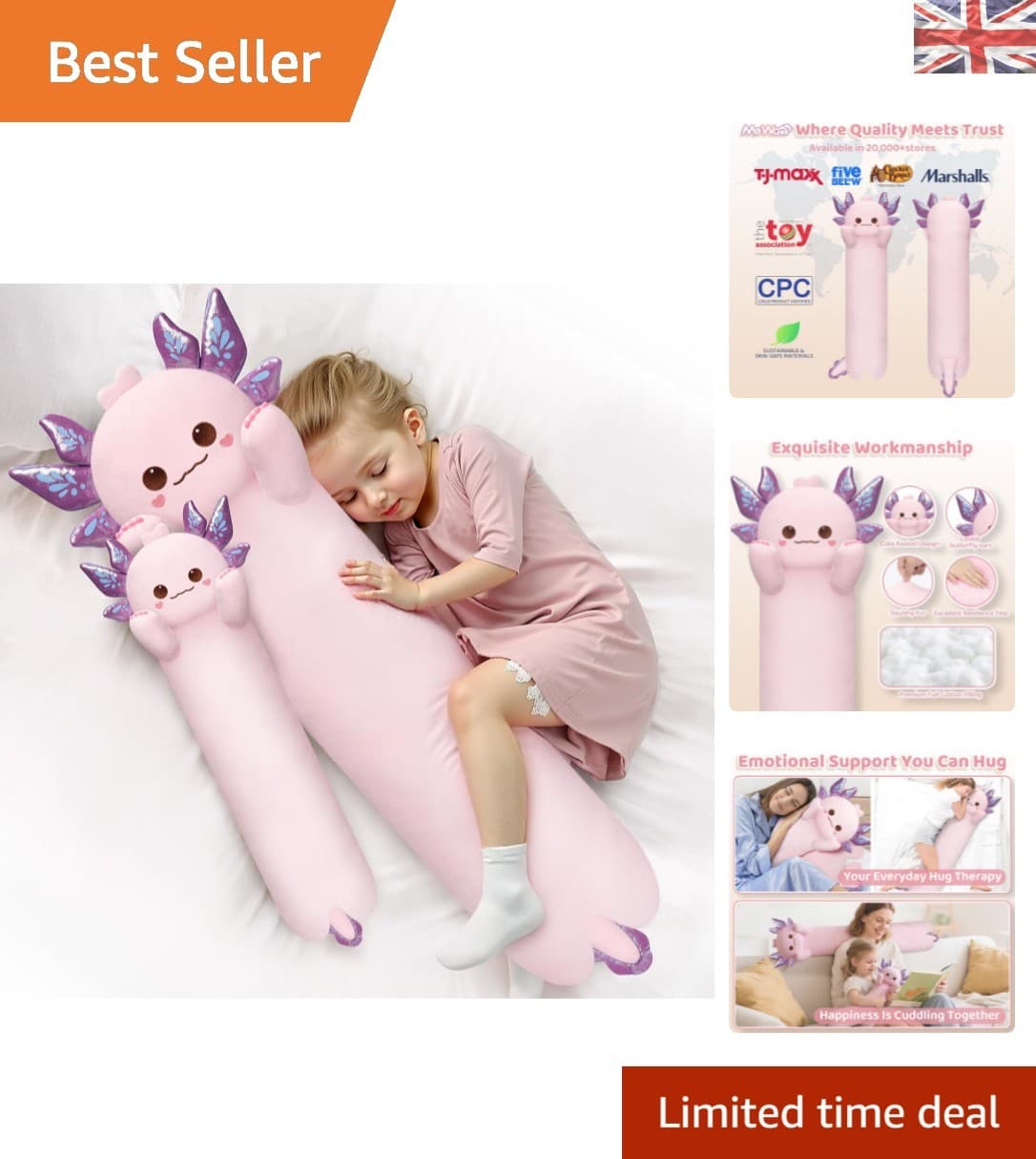 20in Long Plush Axolotl Pillow for Sleeping - Ideal for Relaxation and Play