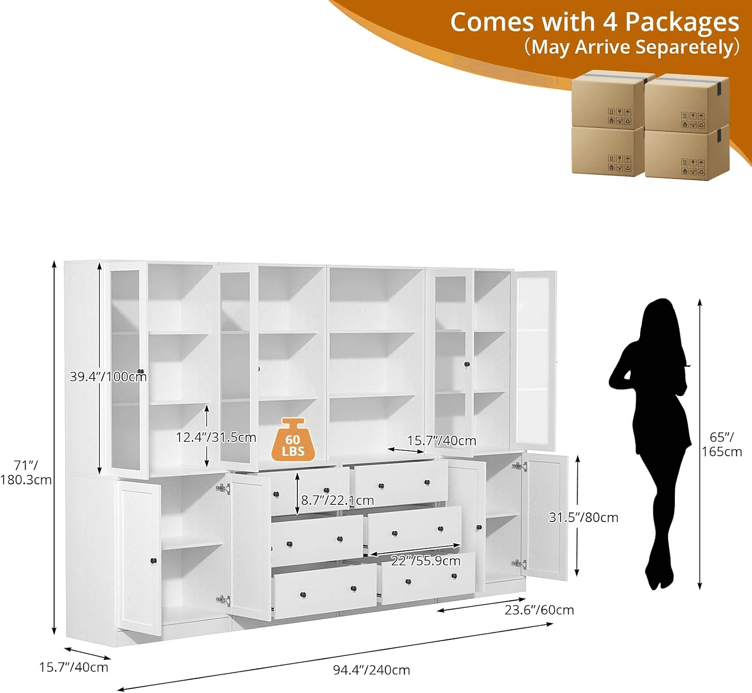 180Cm High Bookshelf with Storage - Set of 4 | 6-Tier Deep Bookshelves with Draw view 2