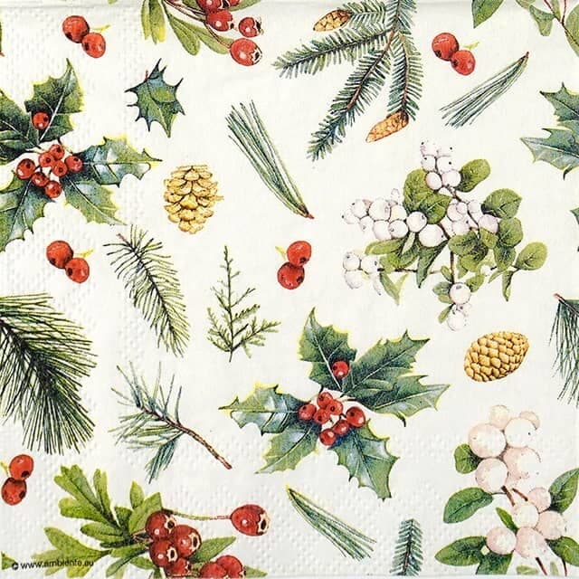 AMBIENTE COCKTAIL NAPKINS - Pack of 4 or Pack of 20 - WINTER GREENERY (BC169)