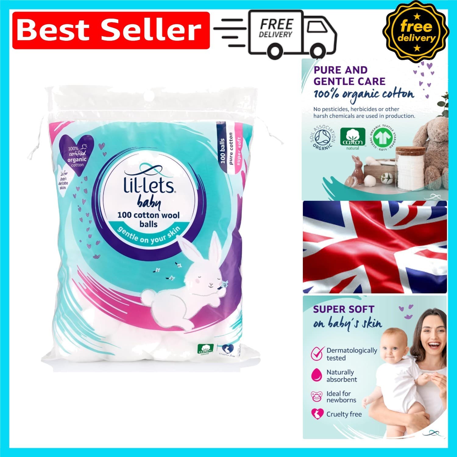 100 Count Large Organic Cotton Wool Balls - Ultra-Soft Dermatologically Tested