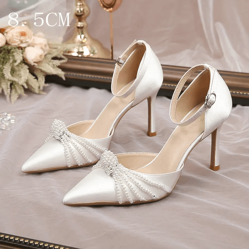 Bead Pumps Pointed Thin Heels White Wedding Shoes Bridesmaid High Heels Sexy Sat
