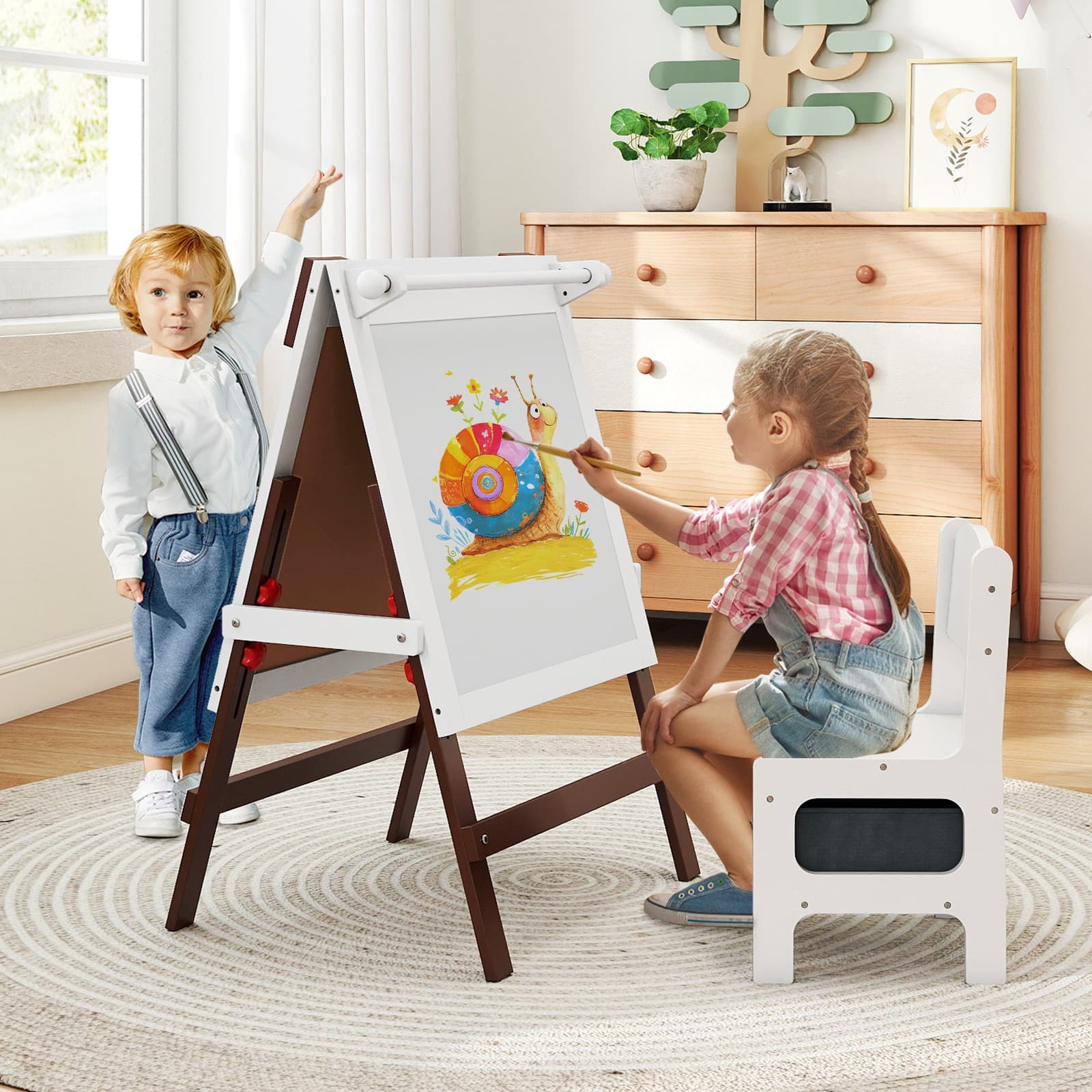 Height-Height-Adj Kids Dual-sided Art Easel w/ Chair-Brown