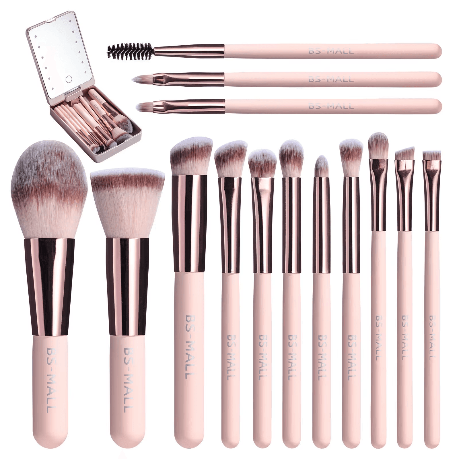 14 PCS Makeup Brush Set with Illuminated Mirror Portable Short Handle LED Light