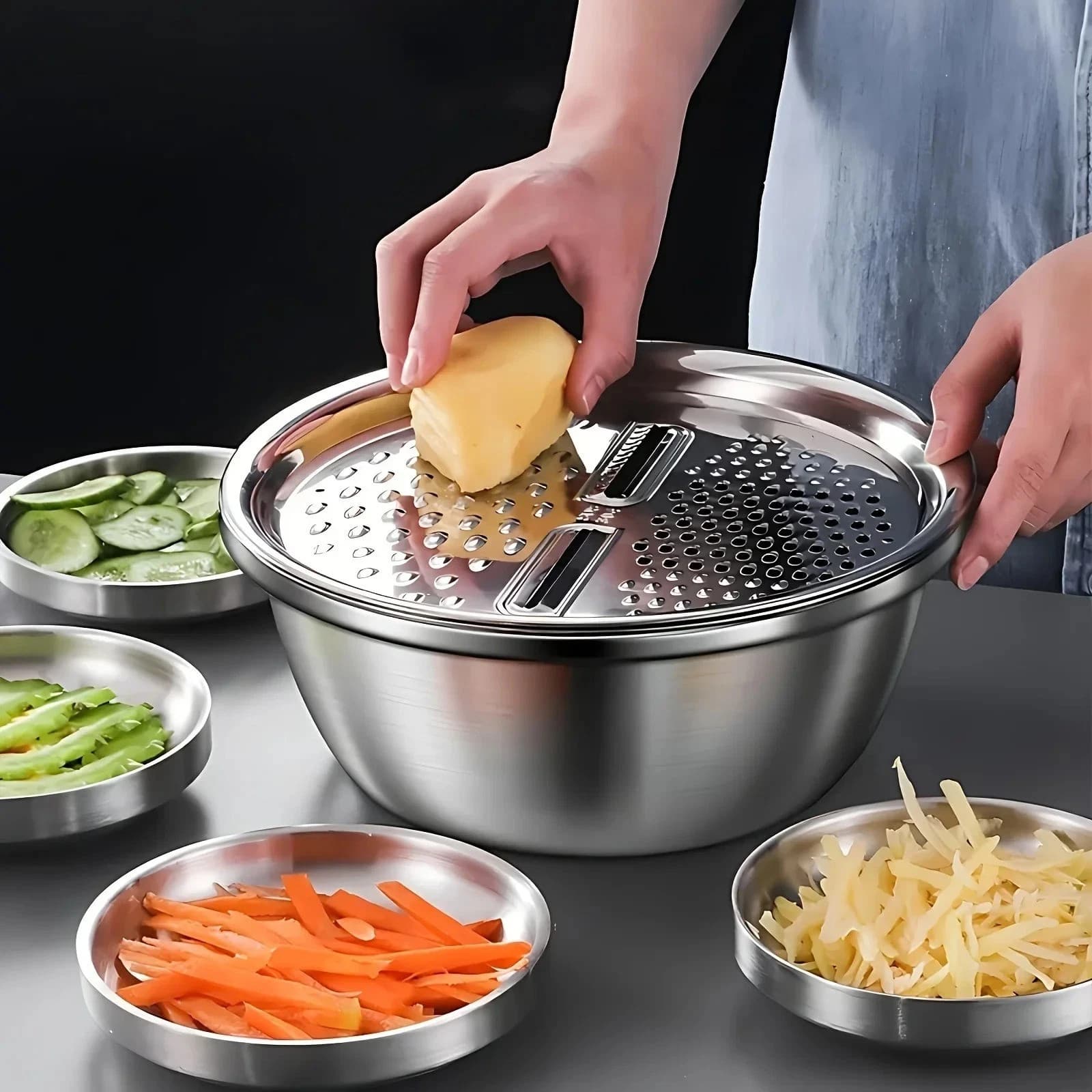 “3PCS Vegetable Slicer Set – Stainless Steel Cutter with Washing and Drain Basket”