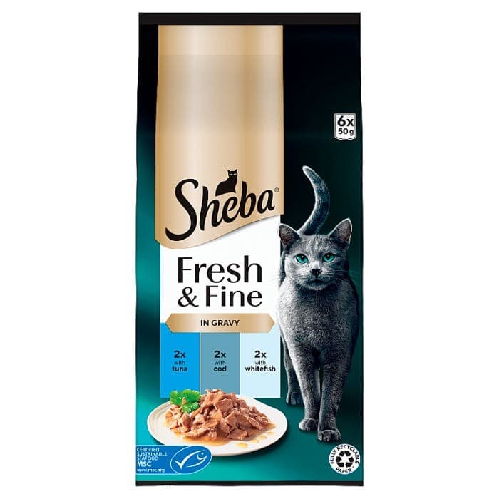 Sheba Fresh and Fine Cat Pouches with Tuna| Cod and Whitefish in Gravy - 6 x 50g