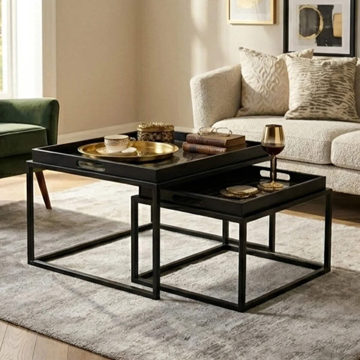 Set of 2 Removable Black and Gold Abstract Tray Tops Nesting Side Tables with Bl