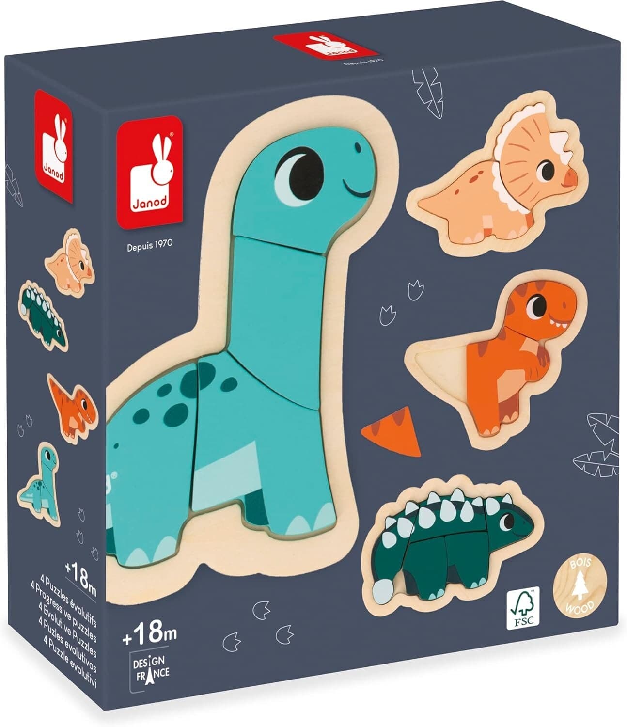 JANOD WOODEN DINOSAUR PUZZLES 2- 5 PIECES BRAND NEW IN BOX 18 MTHS  LEARNING TOY