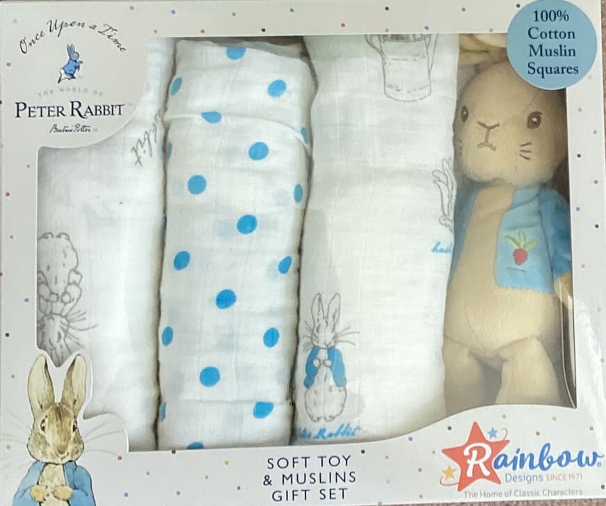 Peter Rabbit Soft Rattle Toy and 3 Cotton Muslins Boxed