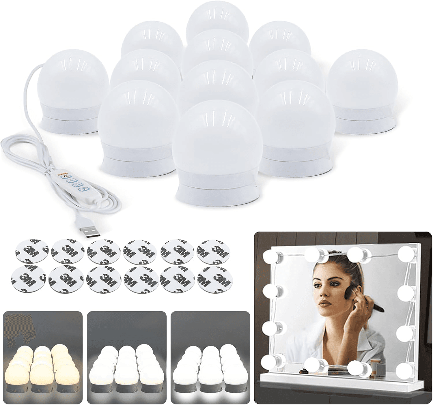 Hollywood Mirror Lights,12 LED Vanity Mirror Lights ，With USB Cables| 3 Colour C