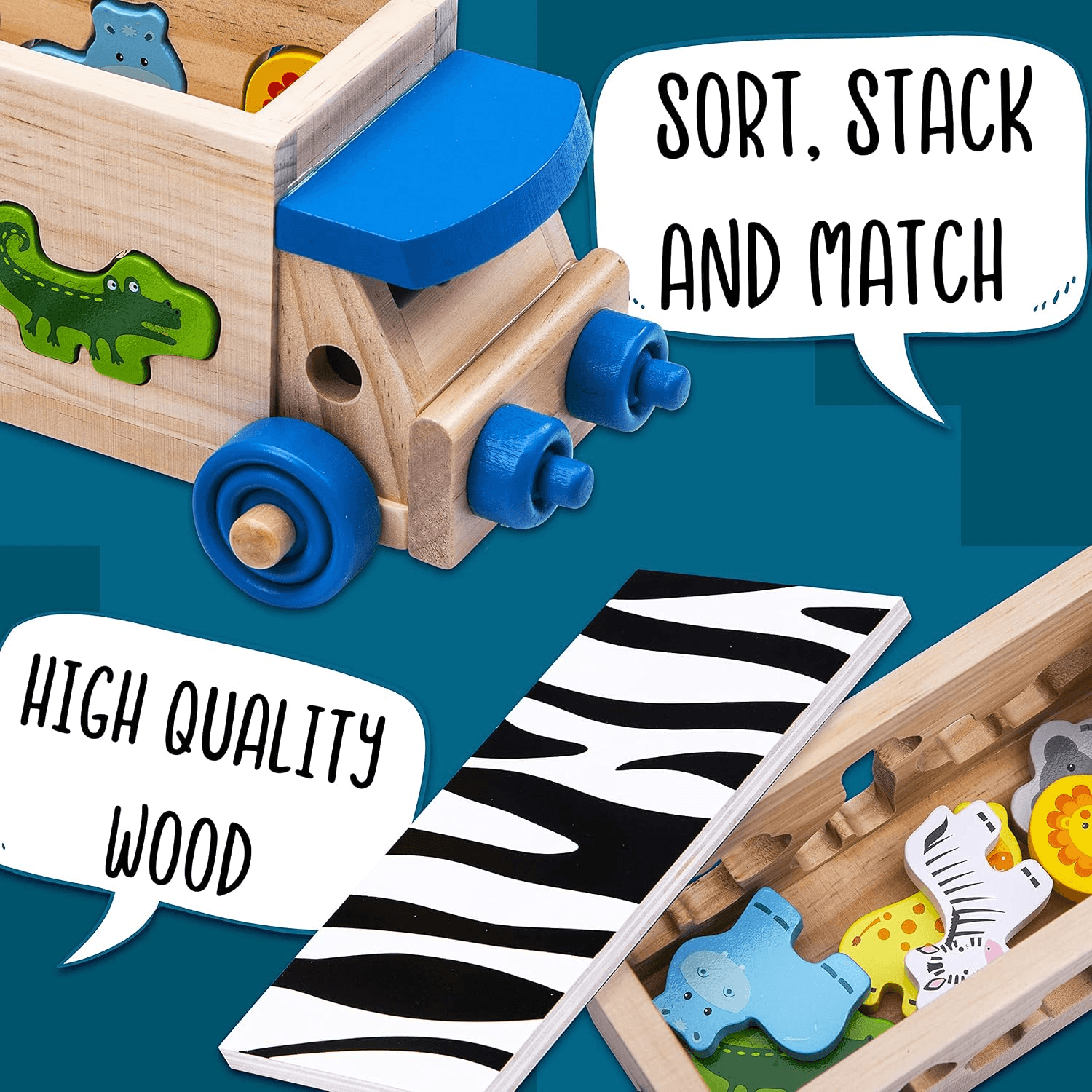 Wooden Shape Sorter for 1 Year Old | Safari Bus Animal Wooden Toys for 1 2 3 Yea view 2