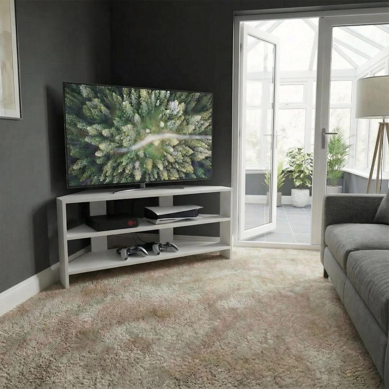 Promo Matt White Corner TV Unit Modern Media Stand Two Tier Shelving