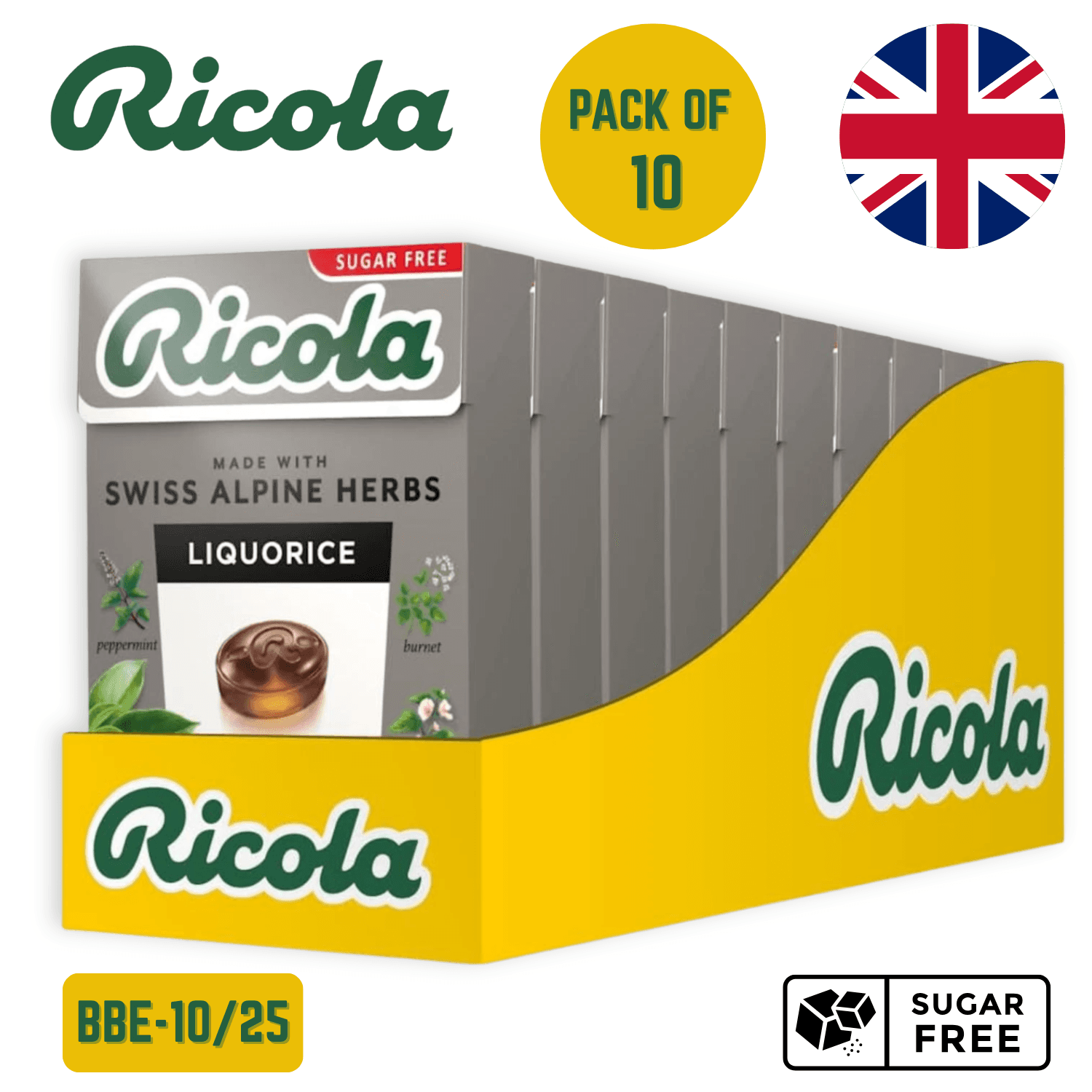 10x Ricola Liquorice Swiss Herbal Drops Lozenges Sweets Sugar Free 45g BBE-10/25