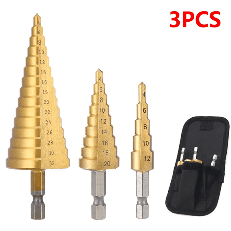 3Pcs HSS Titanium-Coated Spiral Groove Step Drill Bit 4-12 4-20 4-32 Power Tool