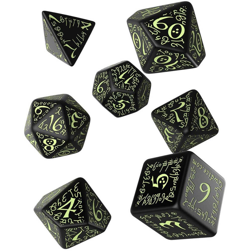 Q Workshop Wonderful Elvish Black and Glow In The Dark Dice Set of 7 Pieces