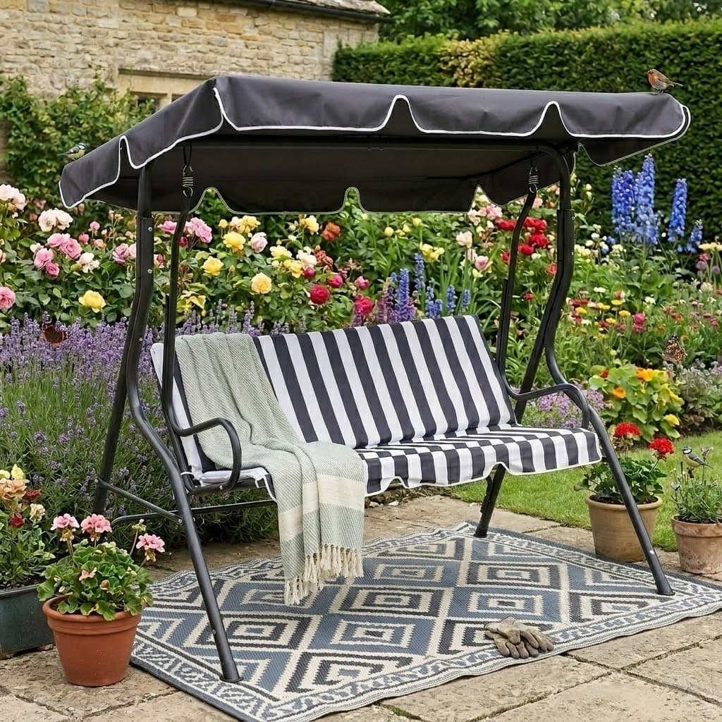 Garden Swing Seat 3 Seater Outdoor Hammock Chair Canopy Cushioned Steel Grey