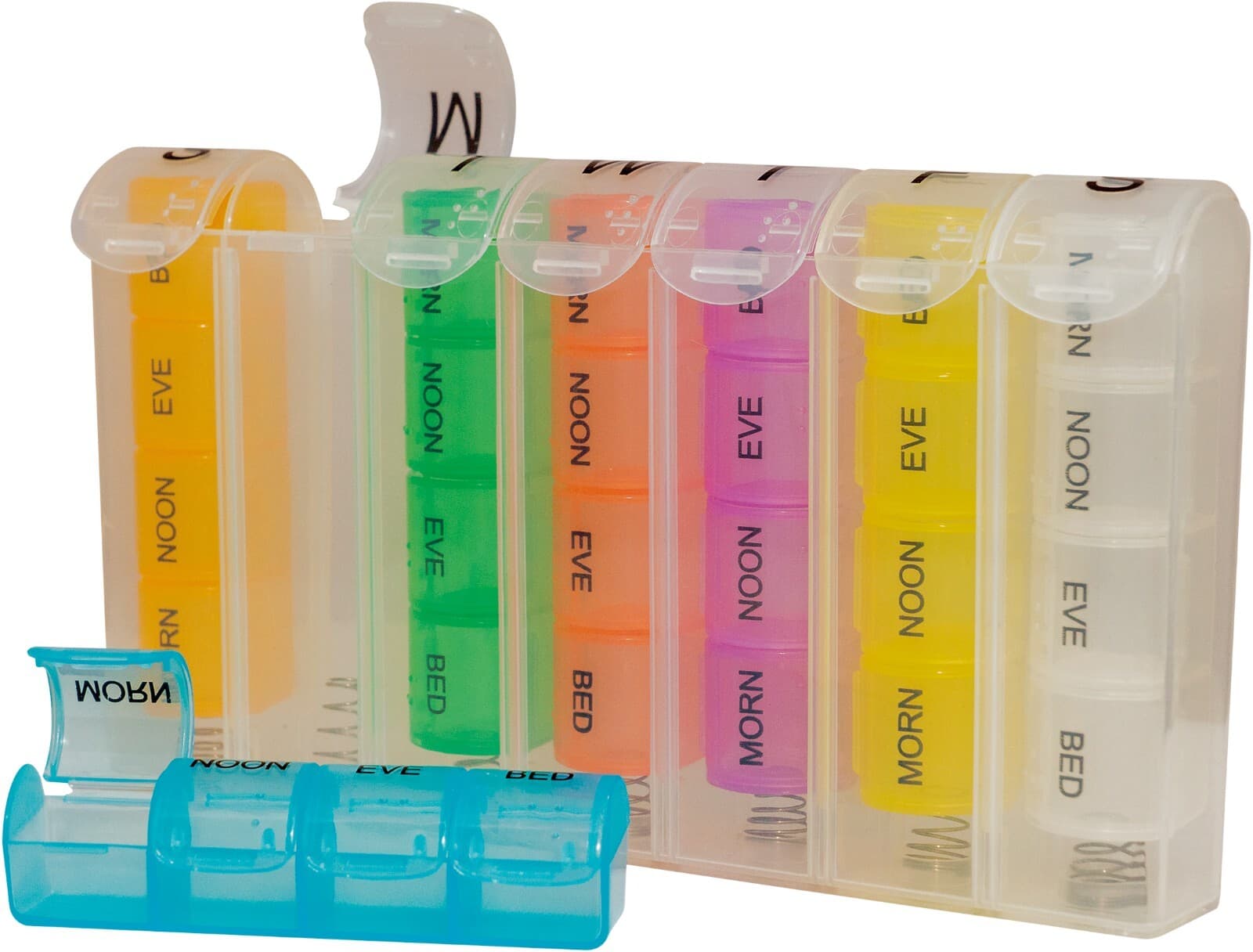 7 Day Pop Up Pill Dispenser Tablet Box Organiser| Flip Up Lids. 4 Compartments