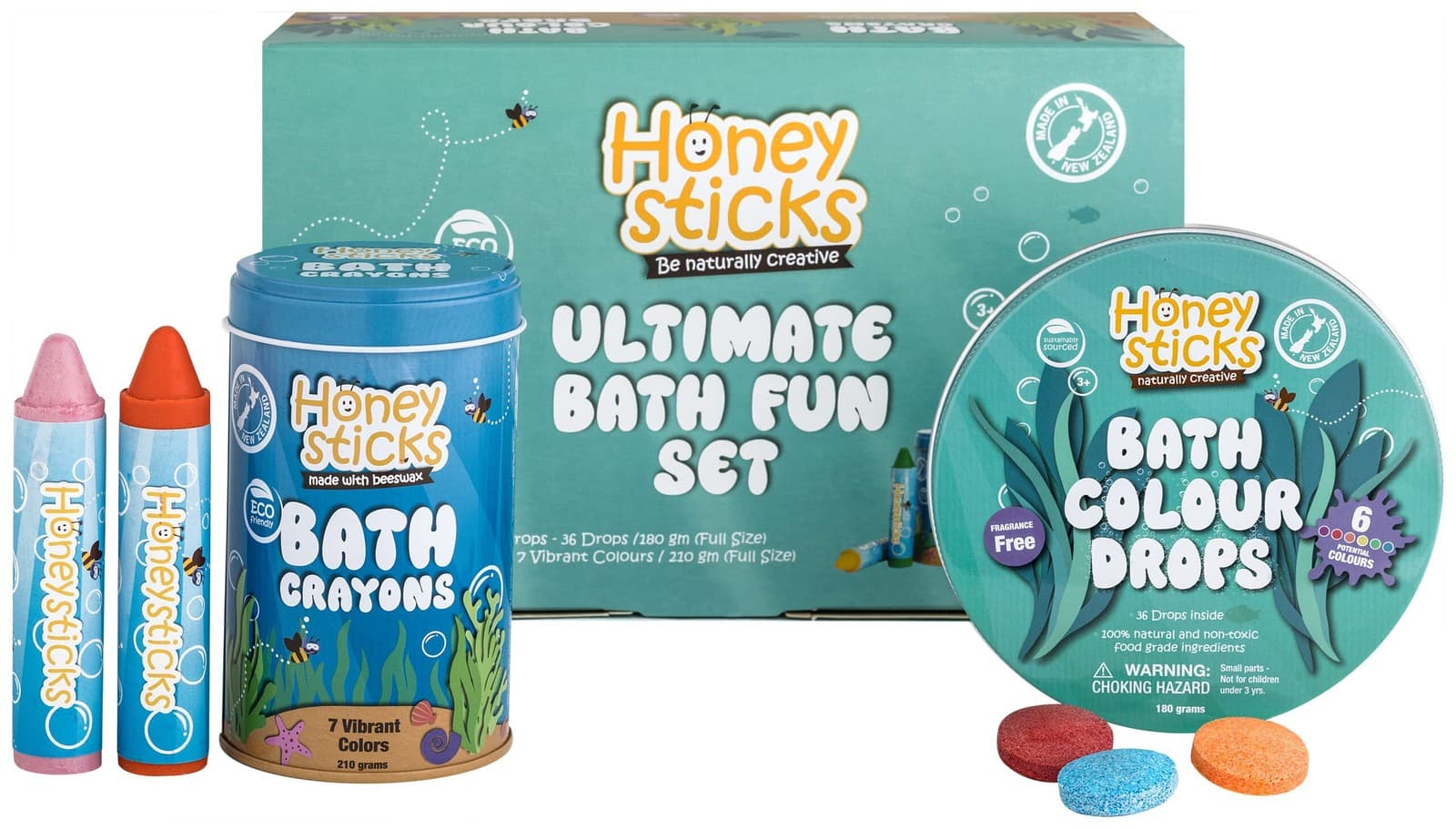 Honeysticks Ultimate Bath Fun Set – Non-T toxic Bath Crayons (7-Pack) and Bath Col
