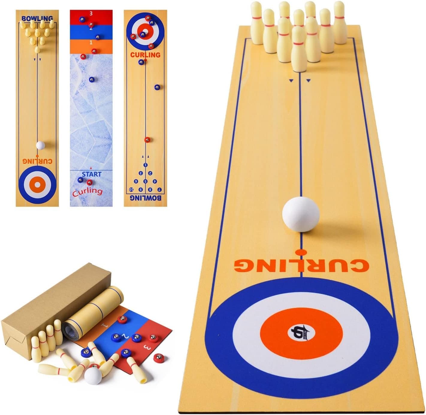 3 in 1 Table Top Shuffleboard Pucks and Bowling Ball and Curling Games| Mini Ta