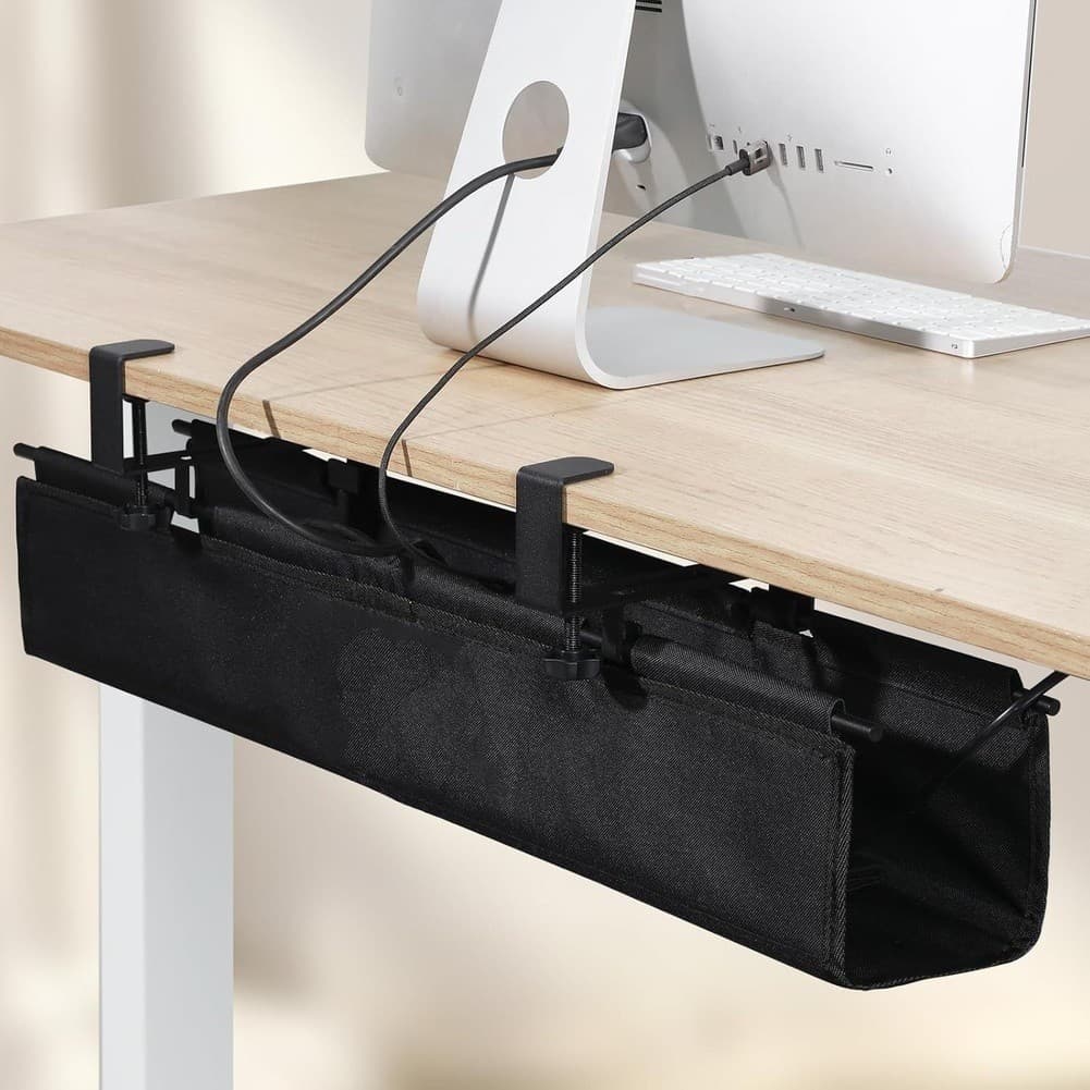 Black Clamp Mount Cable Organizer Tray Under Desk Iron and Cloth Design