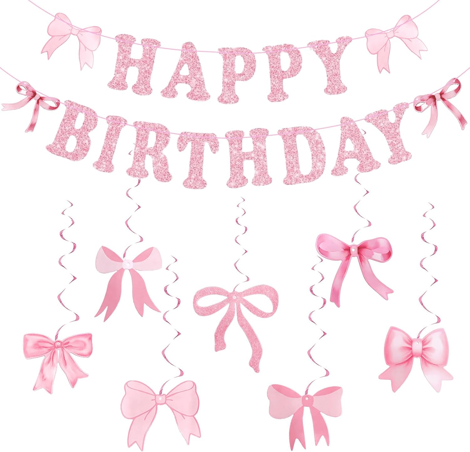 Pink Birthday Party Decorations Set with Pre-Strung Happy Birthday Banner| Bow B
